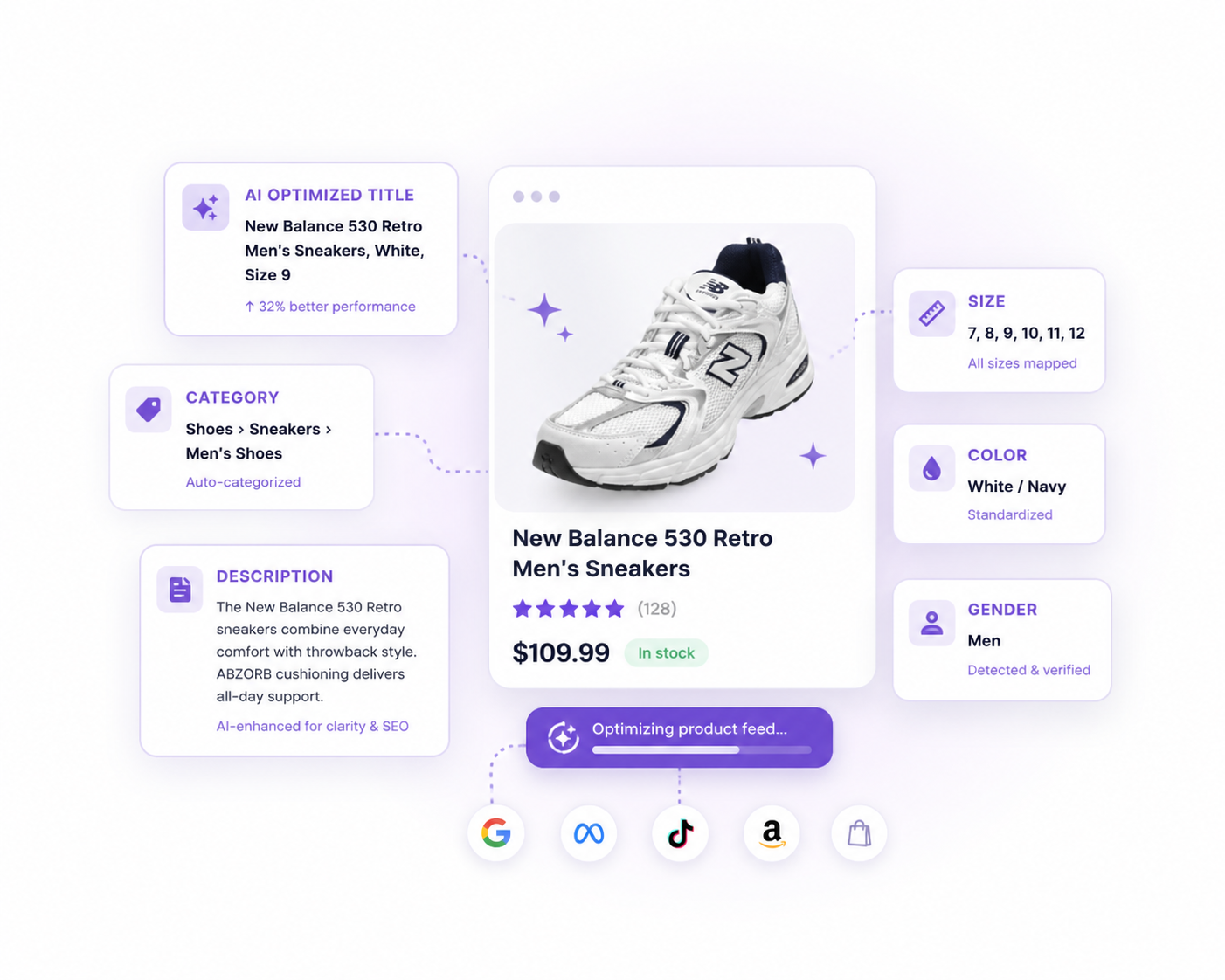 Screenshot of FeedRanks AI product feed optimization platform showing feed issue audit and optimization recommendations for a sample product feed.